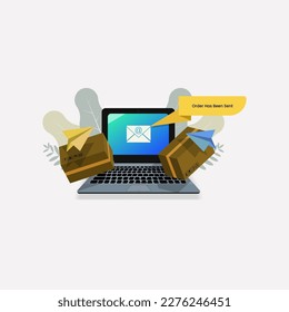 Laptop, cardboard boxes and paper plane. order has ben sent illustration concept