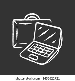 Laptop carrying case chalk icon. Notebook, gadget traveling bag. Computer carryon item. Technology protective casing. Travelling, trip equipment. Isolated vector chalkboard illustration
