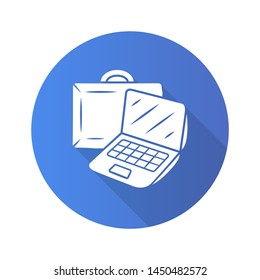 Laptop carrying case flat design long shadow glyph icon. Notebook, gadget traveling bag. Computer carryon item. Technology protective casing. Trip equipment. Vector silhouette illustration