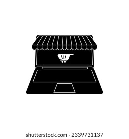 Laptop and cart black fill icon. E commerce, online shopping flat vector illustration in trendy style. Editable graphic resources for many purposes.