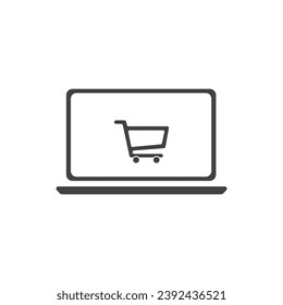 Laptop with cart icon on white background. Online shopping sign vector illustration. Order online, food delivery, e-commerce. Shopping concept.