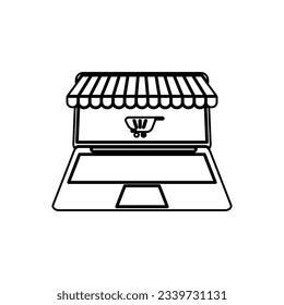 Laptop and cart outline icon. E commerce, online shopping flat vector illustration in trendy style. Editable graphic resources for many purposes.