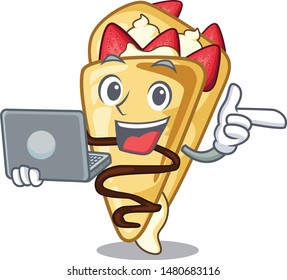 With laptop cartoon crepe cooked in frying pan