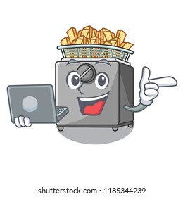 With laptop cartoon deep fryer in the kitchen