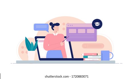 Laptop with cartoon female teacher pointing on banner infographic website vector flat illustration. Colorful woman broadcasting lesson isolated on white background. Concept of online class education