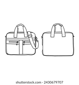 Laptop case notebook case with top handle and 3 pockets. Front, and back view. Flat sketch vector.