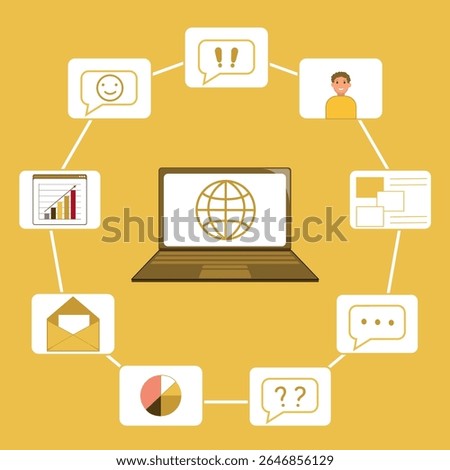 laptop in the center, globe on the monitor, planet Earth, speech bubbles, online communication, online learning, work, notebook, smiley, exclamation mark, message, messenger, graph, diagram