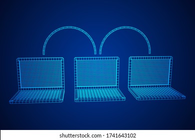 Laptop-Kette. Blockchain Big Data Flow Informationen. Wireframe Low Polymesh Vektor-Abbildung