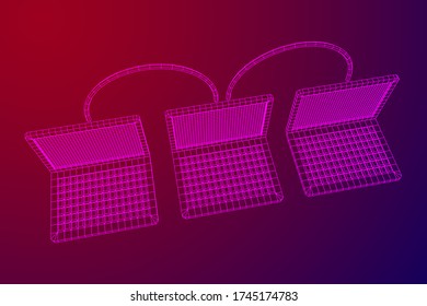 Laptop chain. Blockchain big data flow information. Wireframe low poly mesh vector illustration