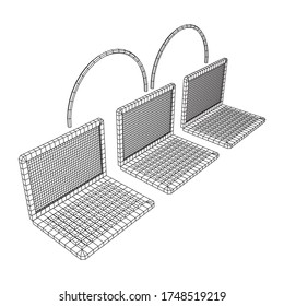 Laptop chain. Blockchain big data flow information. Wireframe low poly mesh vector illustration