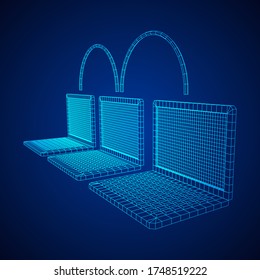 Laptop chain. Blockchain big data flow information. Wireframe low poly mesh vector illustration