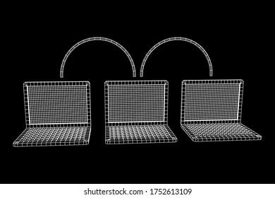 Cadena de laptops. Información de flujo de datos de gran tamaño de Blockchain. Ilustración vectorial de malla baja de malla de alambre