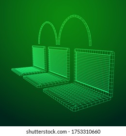 Laptop chain. Blockchain big data flow information. Wireframe low poly mesh vector illustration