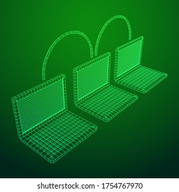 Laptop chain. Blockchain big data flow information. Wireframe low poly mesh vector illustration