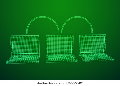 Laptop chain. Blockchain big data flow information. Wireframe low poly mesh vector illustration