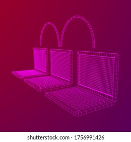 Laptop chain. Blockchain big data flow information. Wireframe low poly mesh vector illustration
