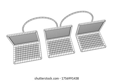 Laptop chain. Blockchain big data flow information. Wireframe low poly mesh vector illustration