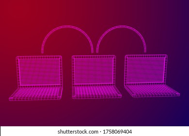 Laptop chain. Blockchain big data flow information. Wireframe low poly mesh vector illustration