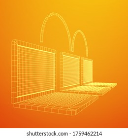 Laptop chain. Blockchain big data flow information. Wireframe low poly mesh vector illustration
