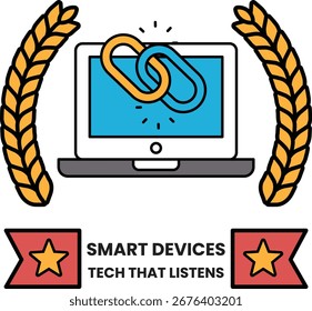 Un portátil con un Enlace de cadena. El Enlace de la cadena está conectado a una estrella. La Imagen se titula Smart Devices Tech That Listens