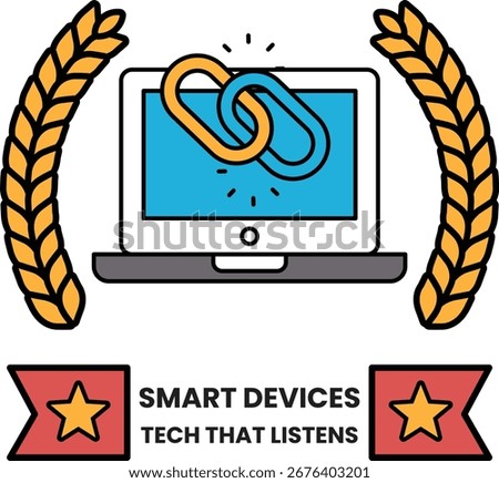 A laptop with a chain link on it. The chain link is connected to a star. The image is titled Smart Devices Tech That Listens
