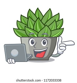With laptop character cartoon pot plant echeveria cactus