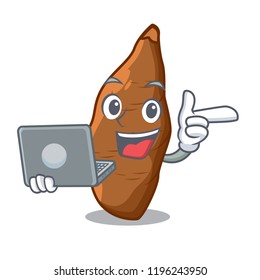With laptop character cassava in the market fruit