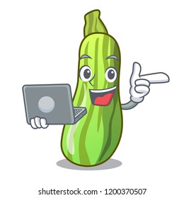 With laptop character fresh zucchini vegetable in market