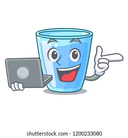 With laptop character glass of water for drink