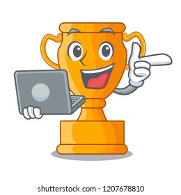 With laptop character gold trophy award for competition