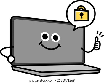 Laptop character. Key icon. Illustration of safe pc.