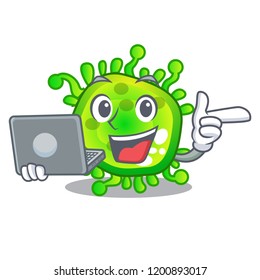 With laptop character microbe bacterium on the palm