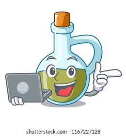 With laptop character olive oil in bottle wooden