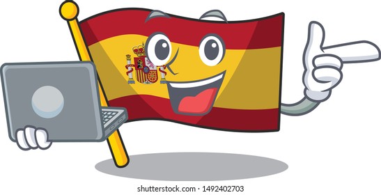 With laptop character spain flags formed with cartoons