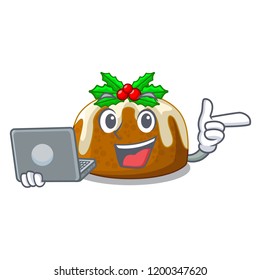 With laptop character traditional christmas pudding on plate
