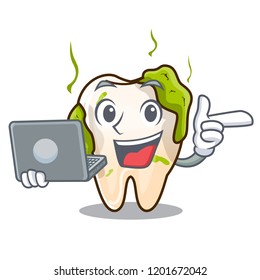 With laptop character unhealthy decayed teeth before rehabilitation