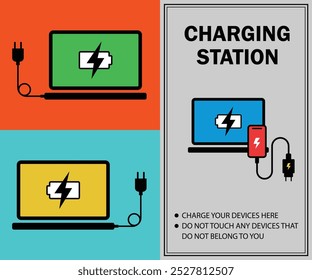 Laptop Charging Icon. Computer Use Area. Notebook Computer Power Station Symbol With Various Colors