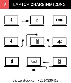 Laptop Charging Icon Set, Notebook Computer Power Station Symbol