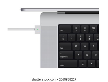 Laptop with charging. Realistic laptop computer mockup. Vector. Laptop realistic computer in mockup style.