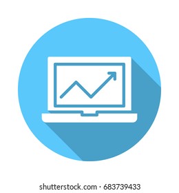 Laptop with chart flat icon. Round colorful button, circular vector sign with long shadow effect. Flat style design
