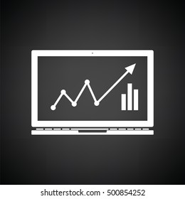 Laptop with chart icon. Black background with white. Vector illustration.
