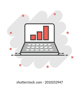 Laptop chart icon in comic style. SEO data cartoon vector illustration on white isolated background. Computer diagram splash effect business concept.