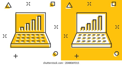 Laptop chart icon in comic style. SEO data cartoon vector illustration on white isolated background. Computer diagram splash effect business concept.