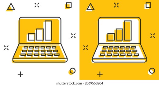 Laptop chart icon in comic style. SEO data cartoon vector illustration on white isolated background. Computer diagram splash effect business concept.