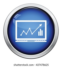Laptop with chart icon. Glossy button design. Vector illustration.