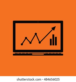 Laptop with chart icon. Orange background with black. Vector illustration.
