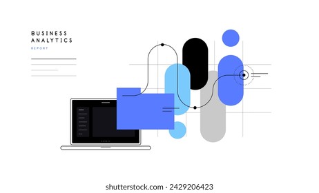 Laptop, chart, information. Simple flat illustration, abstract presentation slide. Vector file.