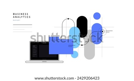 Laptop, chart, information. Simple flat illustration, abstract presentation slide. Vector file.