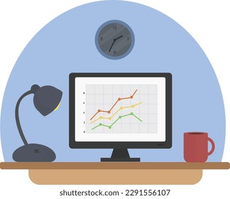 Laptop with chart on table with lamp and finance mug vector illustration