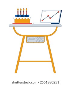 Gráfico del ordenador portátil con la torta del partido en el objeto de la historieta 2D de la tabla lateral. Celebrando el objetivo de ingresos. Celebración de hitos de la empresa elemento aislado Clipart de Vector plano sobre fondo blanco. Ilustración de punto